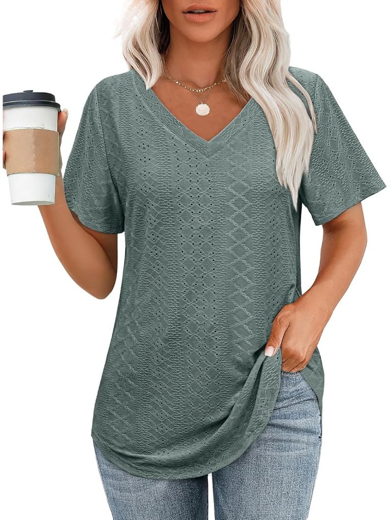 Women's Green V Neck Short Sleeve Shirts Casual Loose Fit Basic Curved Hem Tops